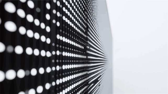 The image presents a close-up, perspective view of a grid composed of numerous small, circular lights.  The lights appear bright white against a dark background, creating a strong contrast. The