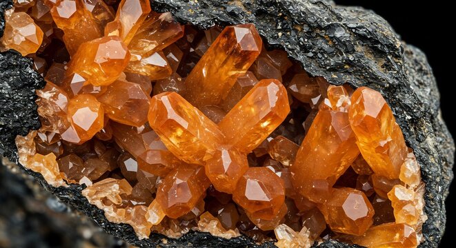 輝く琥珀色結晶 闇に浮かぶ神秘的鉱物群