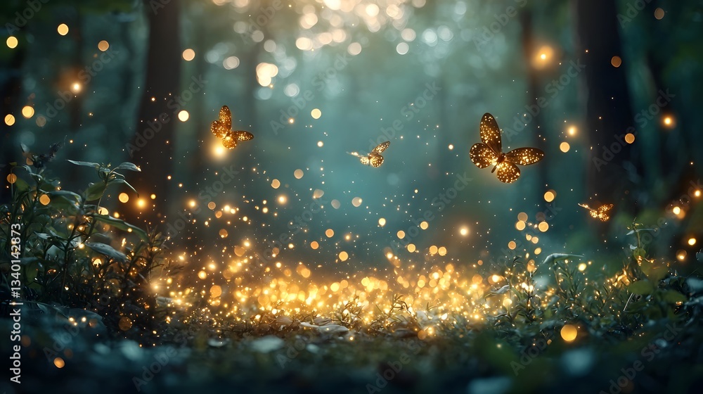 Poster a stunning long exposure image capturing a swarm of fireflies lighting up the dark forest their glow