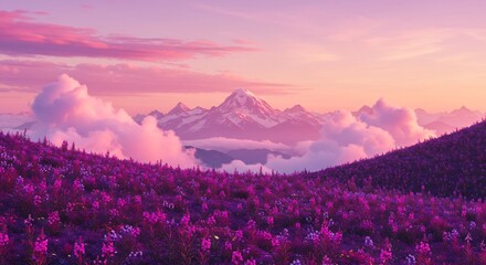 Naklejka premium 紫色の花畑と夕焼け空、穏やかな山並みが美しい風景写真