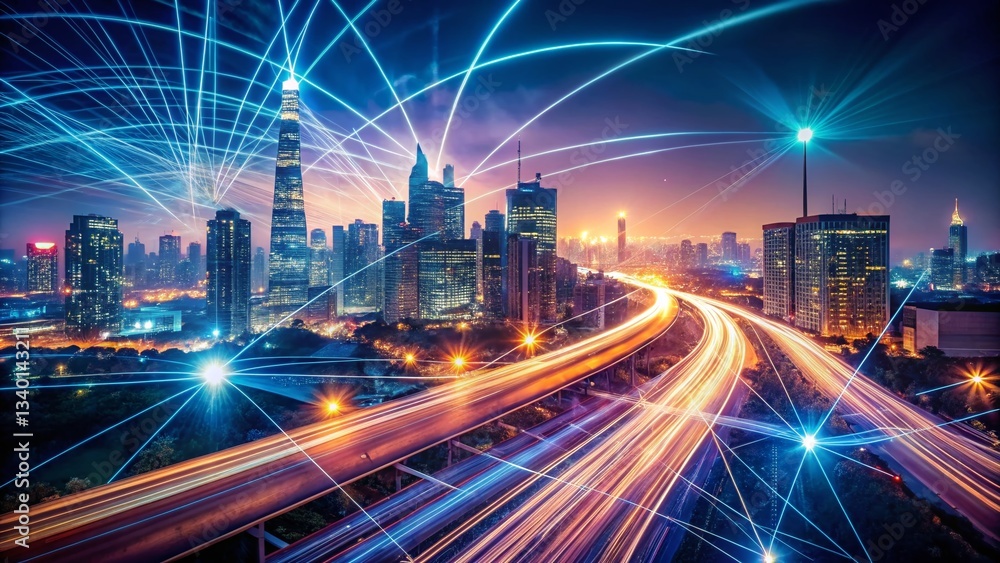 Poster futuristic global network: double exposure of cityscape and data streams
