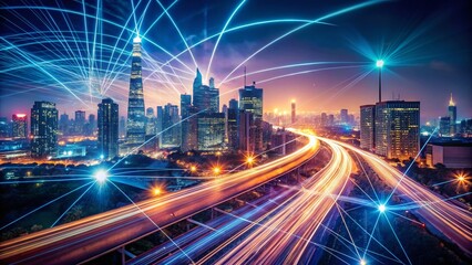 Obraz premium Futuristic Global Network: Double Exposure of Cityscape and Data Streams