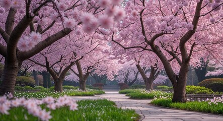 Naklejka premium Blooming Cherry Blossom Trees in a Tranquil Spring Garden