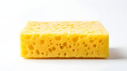 A yellow porous sponge sits horizontally on a white surface
