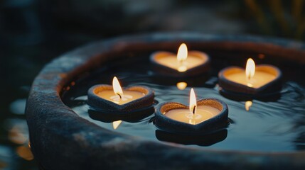 Heart Candles Floating in Water Garden Bowl