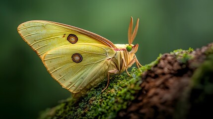 Fototapeta premium Enchanting Luna Moth Resting on Tree in Soft Moonlight Photography A close up view of a delicate pale green Luna moth gently perched on a tree