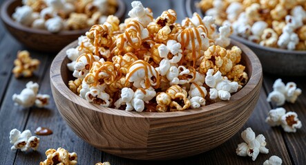 Caramel Drizzled Popcorn in Rustic Wooden Bowl
