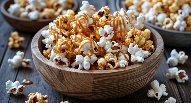 Caramel Drizzled Popcorn in Rustic Wooden Bowl