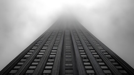 Skyscraper vanishing in fog, monochrome.