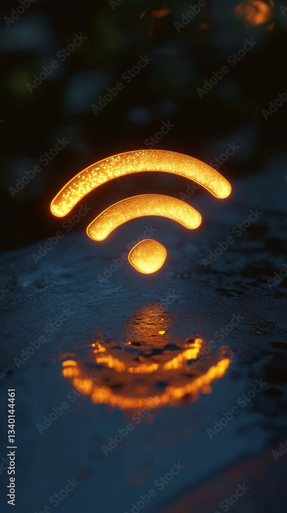 Poster glowing wifi symbol with golden light reflection on wet surface in night. connectivity theme