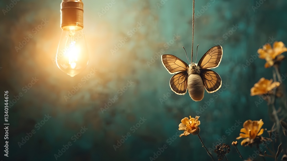 Poster silk moth emerging from its cocoon under the soft glow of a lamp its fuzzy body casting a delicate s