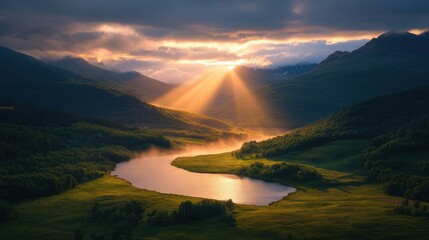 Scenic lake surrounded by majestic mountains with lush greenery creating a captivating natural landscape photograph