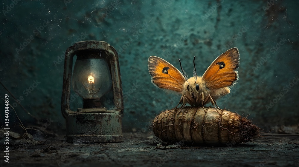 Aufkleber delicate silk moth emerging from its cocoon under the soft glow of a lamp its fuzzy body casting a d