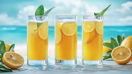 Refreshing Lemonade Drinks with Bright Yellow Color and Tropical Background