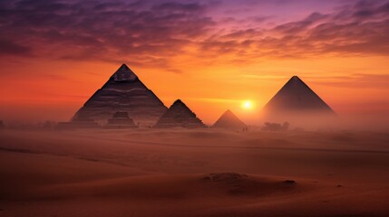 A mystical sunrise over the pyramids, with light beams piercing through the desert mist, casting long shadows. 