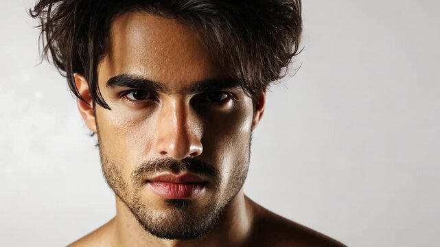 Portrait of a young man with tousled hair and confident expression against a neutral background
