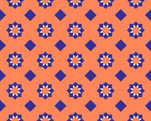 Seamless Geometric Pattern with Blue Stars and Diamonds