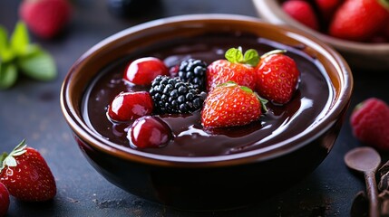 Chocolate fondue with fresh berries in a bowl
