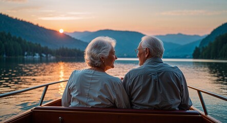 Fototapeta premium Elderly couple enjoying a sunset cruise on a calm lake