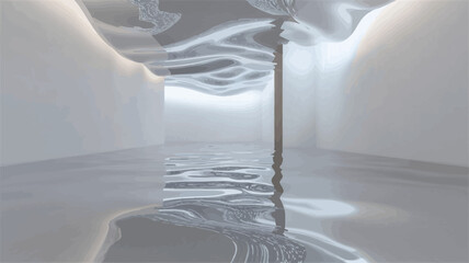 The image presents a digital rendering of a modern interior space. The scene is dominated by a long corridor with smooth, white walls. The floor is highly reflective, mirroring the ceiling, which