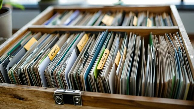 Organized filing cabinet with labeled folders in a well-lit office space during daylight hours