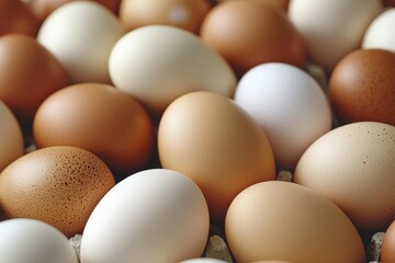Close-up view of an assortment of eggs with different colors and patterns arranged neatly. The variety includes brown, white, and speckled eggs, emphasizing their natural beauty.