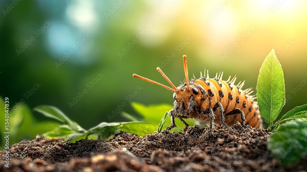 Poster a close up photograph of a jeweled caterpillar shimmering in the sunlight its crystal like spines re