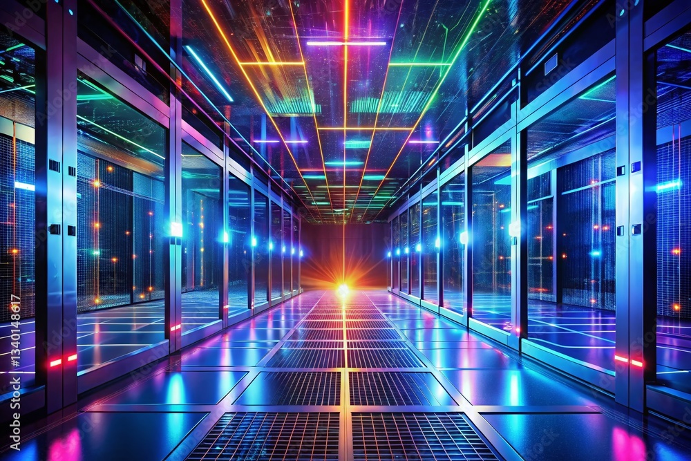 Poster futuristic server data streams: geometric abstract digital age technology stock photo