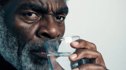 Bearded man drinking from a clear glass with a focused expression