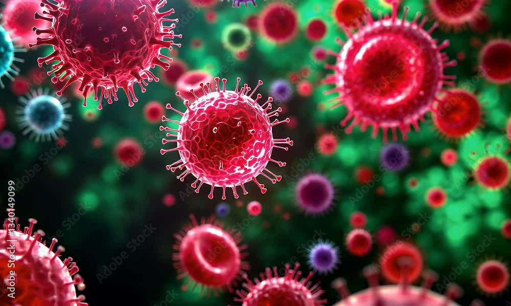 Poster multicolored microorganisms in dark green background microscopic view