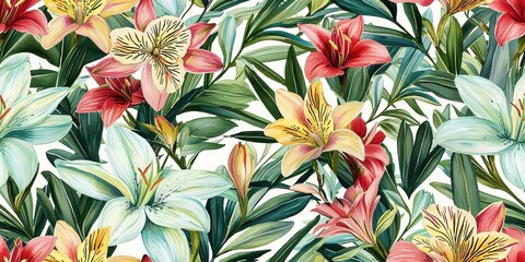 Watercolor Lilies Seamless Pattern Vibrant Floral Design with Red Pink Yellow Blooms and Green Leaves