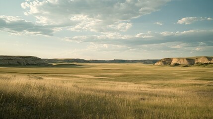 Prairie landscape, golden light, wide valley