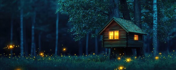 Obraz premium Treehouse in the woods landscapes idea. A cozy wooden cabin illuminated at night, surrounded by enchanting fireflies in the forest.