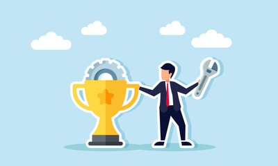 A businessman holds a machine key beside a trophy with gears, illustration of maintenance and evaluation related to performance as a leading company