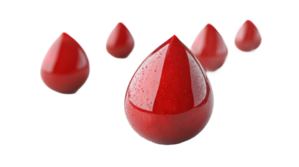 A red drop of blood is shown on a white background