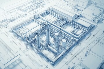 Complex engineering layout reveals multiple sections of an industrial facility, highlighting pipes, tanks, and structural details.
