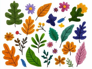 Fototapeta premium A vibrant, hand-drawn illustration featuring a variety of colorful flowers, leaves, and branches in different shapes and sizes.