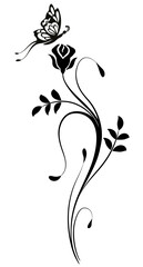 Wave ornament with rose flower, leaves and butterfly. Text divider. Decorative element for decor and text greeting or invitation card design.