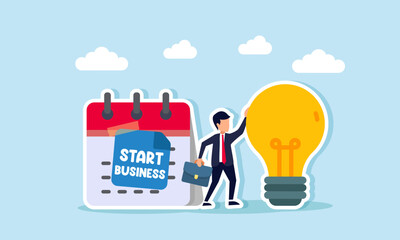 A businessman stands between a light bulb and a calendar labeled Start Business, illustration of building a business with creativity and ideas
