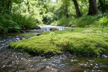 Green Moss Covered Rock in Flowing Forest Stream