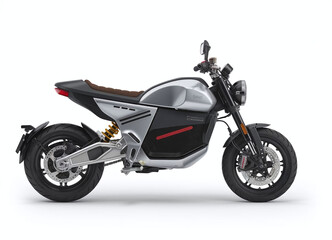 Obraz premium Spotlighting the modern electric motorcycle design, showcasing its sleek silver and black aesthetics, a new era of eco-friendly transportation that blends cutting-edge technology with classic motorcyc
