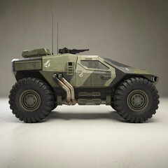 Fototapeta premium A meticulously detailed 3D render showcases a futuristic armored personnel carrier designed for a dystopian military scenario, featuring robust all-terrain tires, a stealthy camouflage pattern, and au