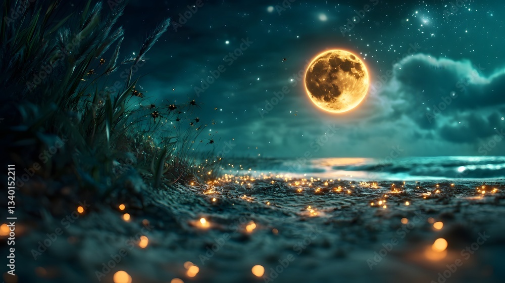 Poster glowing alien insects swarming and synchronizing in intricate patterns over an otherworldly fantasti