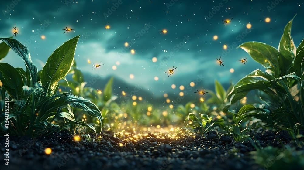 Poster a swarm of glowing bioluminescent alien insects moving in synchronized patterns over an ethereal oth