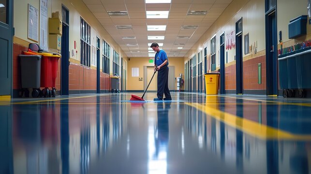 A person sweeping a highly reflective school hallway floor