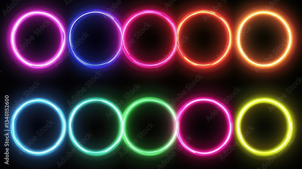 Poster luminous illuminated circles arranged in two horizontal rows on black