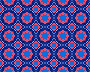 This seamless pattern showcases intricate geometric designs in bold blue, pink, and red tones, ideal for various fabric applications