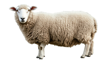 A white sheep stands in front of a white background