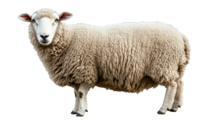 A white sheep stands in front of a white background