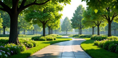 Fototapeta premium Contemporary workplace with lush park and walking paths, relaxation, environment